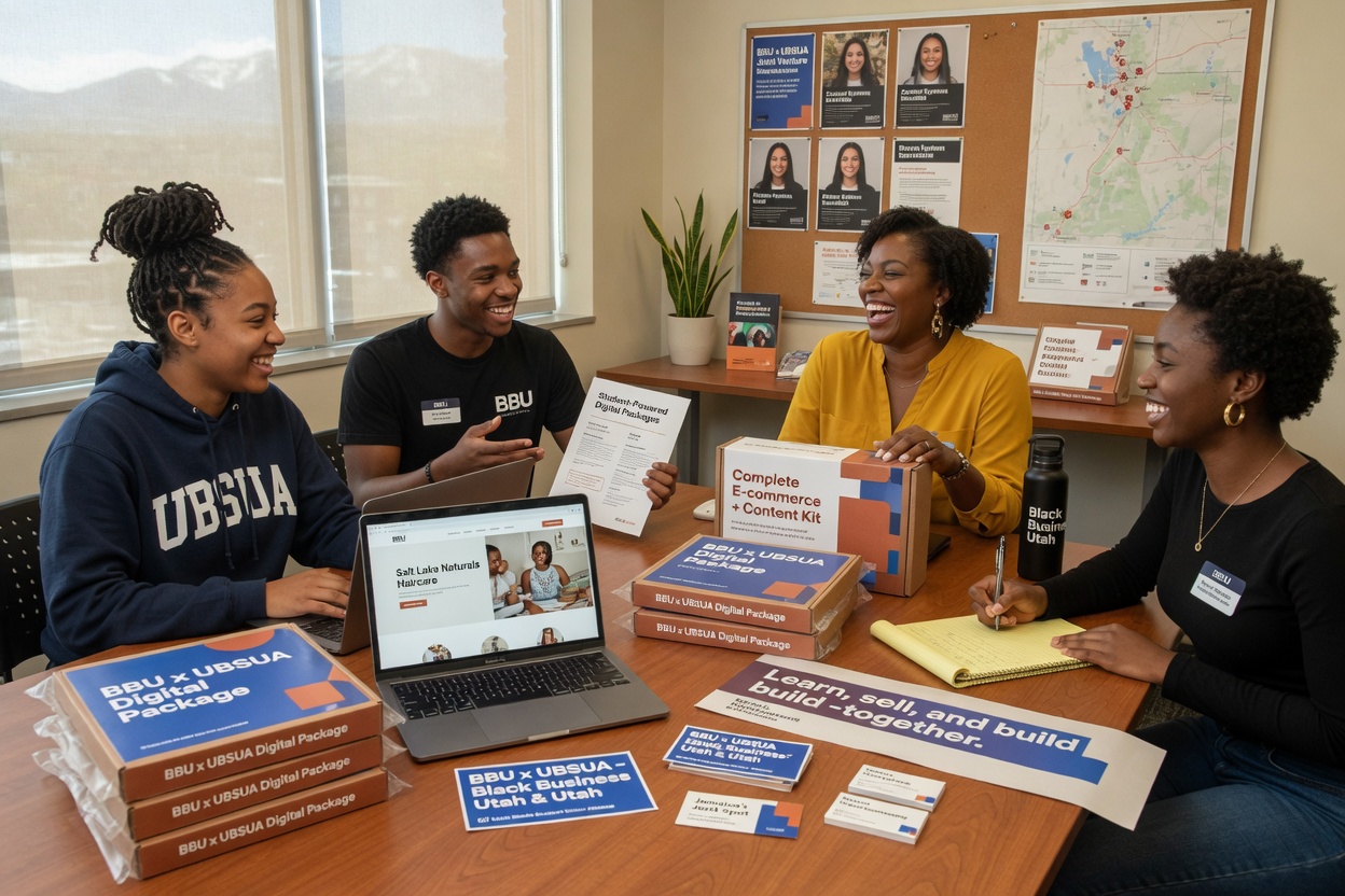 BBU x UBSUA students and partners reviewing digital packages at a Utah table